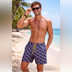 Party Sharks Men’s Swim Trunks Size L Navy Flamingo Palm Tropical Print